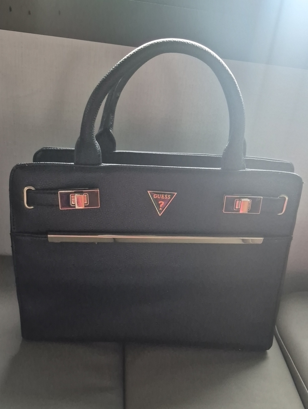 Guess Black Structured Top-Handle Briefcase with Gold & Silver Hardware
